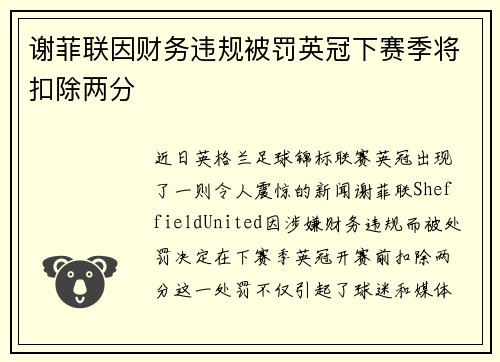 谢菲联因财务违规被罚英冠下赛季将扣除两分